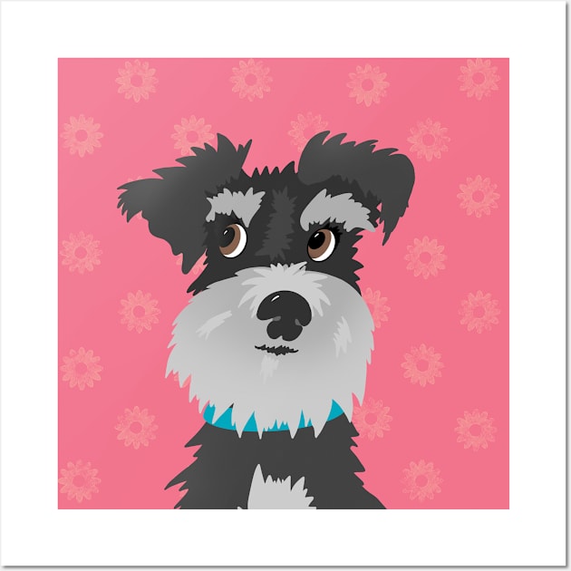 Salt and Pepper Miniature Schnauzer Dog with Pink Daisies Wall Art by NattyDesigns